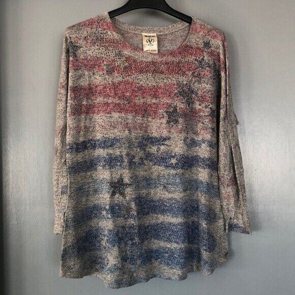 Vocal Large Stars Stripes Flag Bling Rhinestones Knit Top 3/4 sleeves - Picture 1 of 6